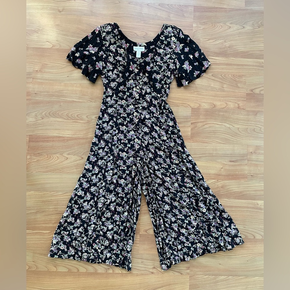 Vtg 90’s floral Black Jumpsuit romper women’s 10 grunge gothic boho preppy